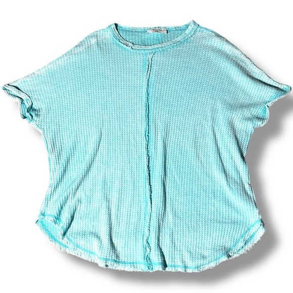 Zenana Women's Small/Medium Aqua Blue Knit Short Sleeve Distressed Crewneck Top - Picture 9 of 16